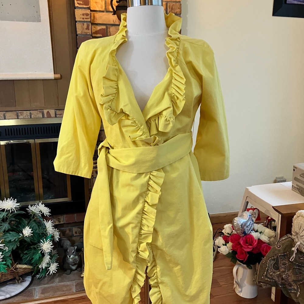 J. Crew Daffodil Yellow Ruffled Wrap Trench Coat, Size 2P.  Unique design!